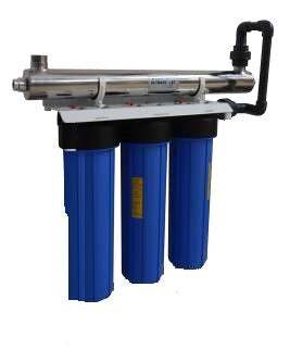 3 Stage 20" Big Blue Filter System with Stainless Steel Ultra Violet Sterilizer & Eco Range Filter Cartridges.