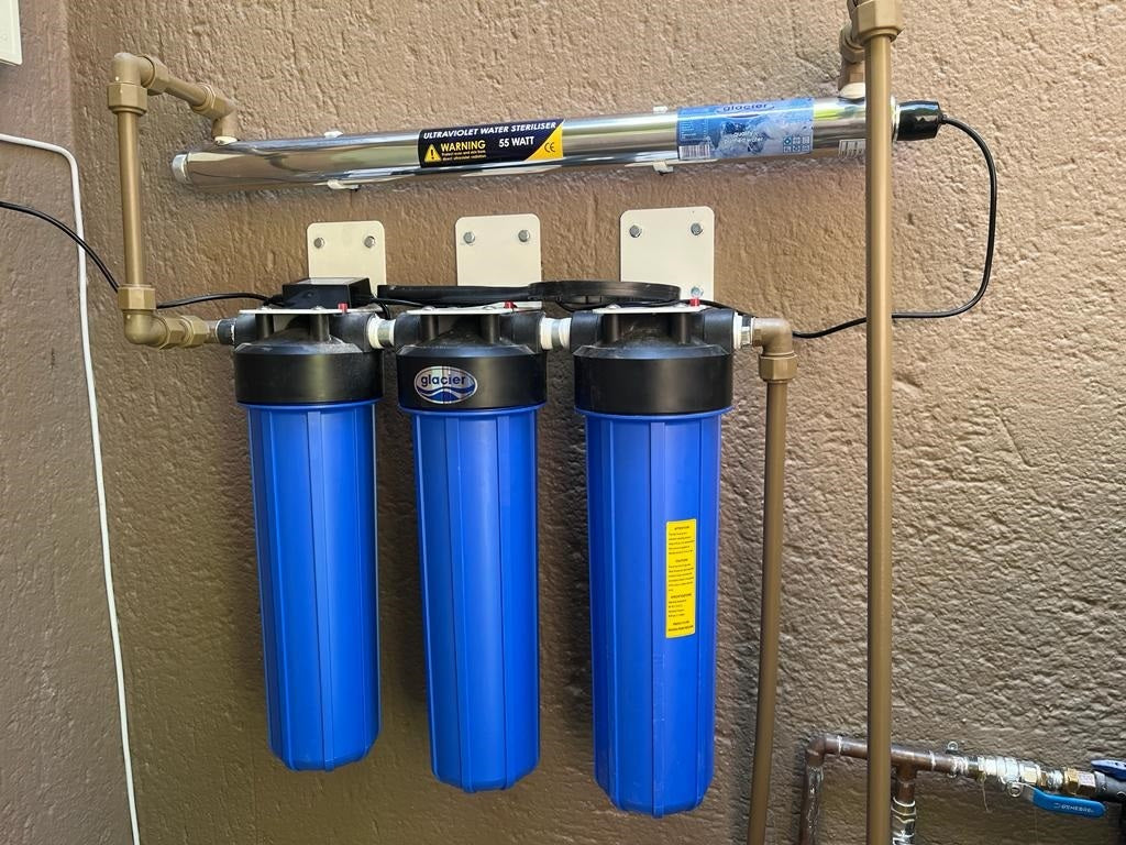 3 Stage 20" Big Blue Filter System with Stainless Steel Ultra Violet Sterilizer & Eco Range Filter Cartridges.