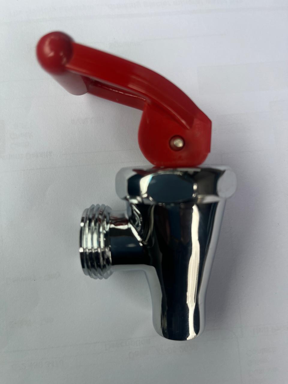 A chrome-plated metal faucet spout with a red lever handle, shown against a plain white background.