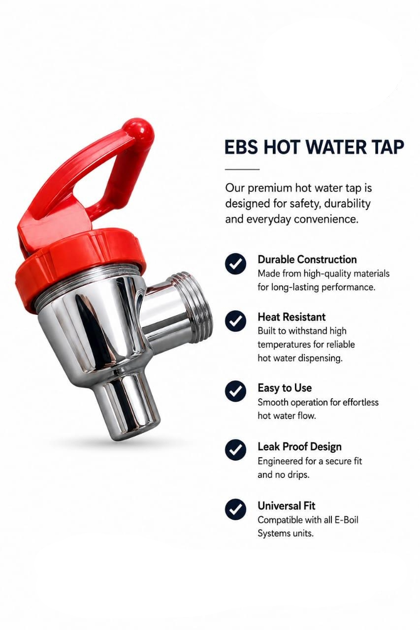 A red and stainless steel EBS hot water tap shown on a white background with descriptive text and feature bullet points about durable construction, heat resistance, ease of use, leak proof design, and universal fit.